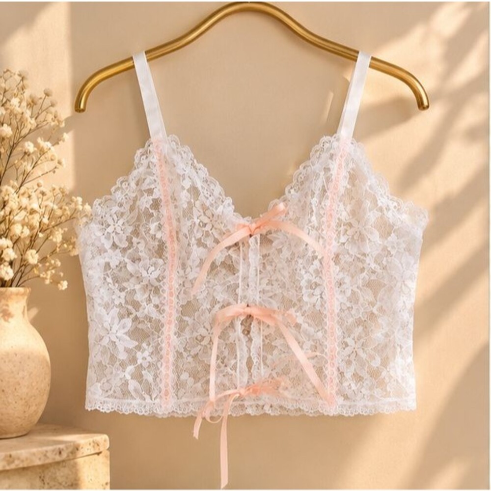 E Bode White Floral Lace Corset Camisole M Pink Ribbon Bow Coquette Fairycore